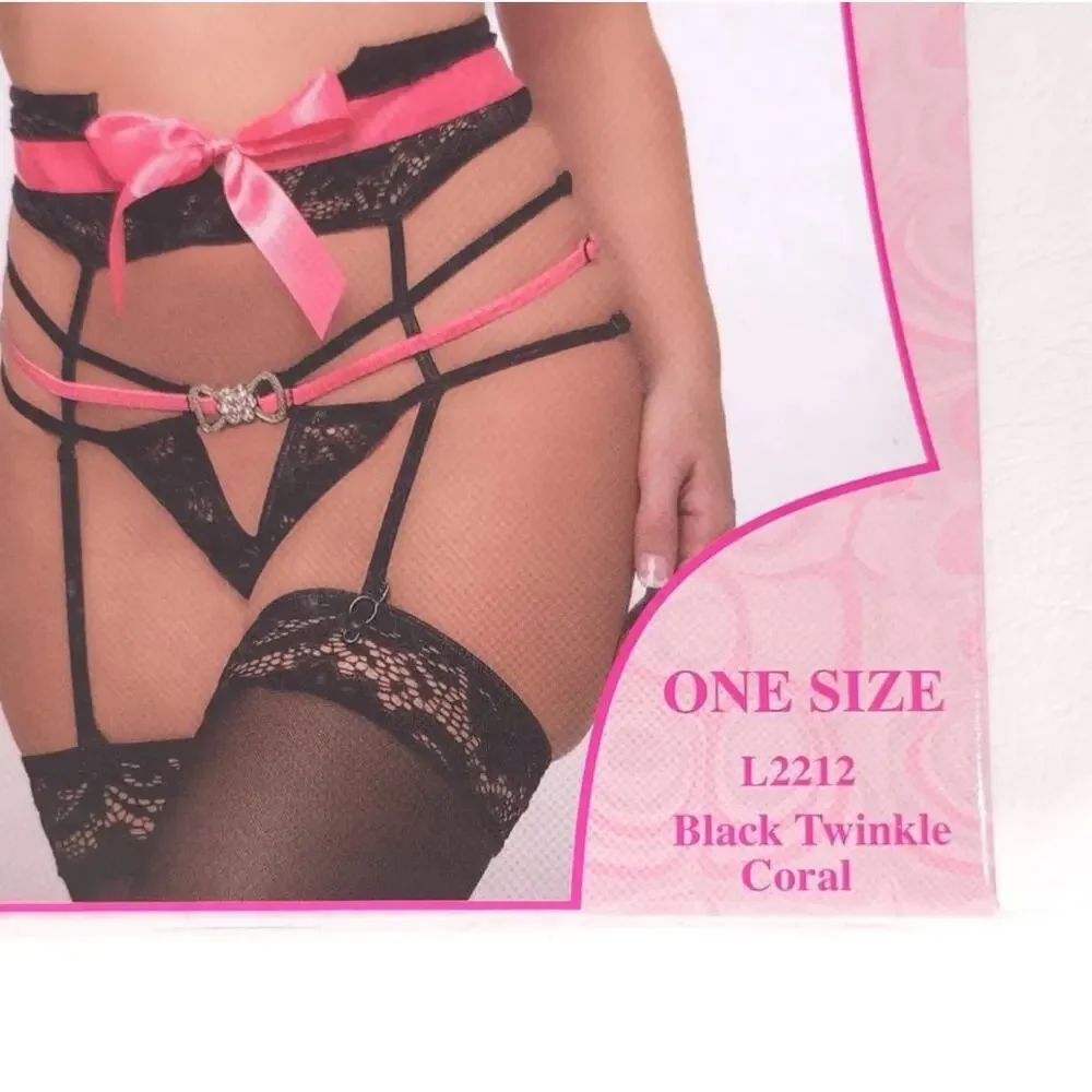 G World Pink Lace Lingerie Set Peekaboo Bra‎ Garter Stockings One Size L2212